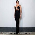 Damen elegantes Cut-Out Maxikleid mit tiefem V-Ausschnitt und transparenten Akzenten R&B