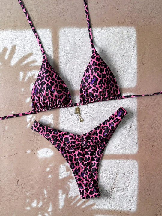 Damen Triangel-Bikini mit aufregendem Tierdruck und verstellbaren Bindebändern R&B
