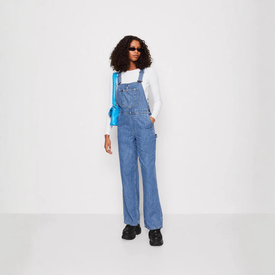 Damen Denim-Latzhose mit weitem Bein und verstellbaren Trägern R&B