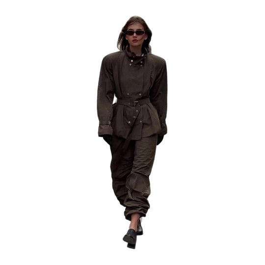 Damen modische Utility-Jacke mit Taillengürtel und trendy Knopfdetails R&B
