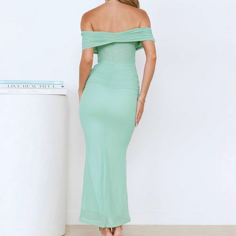 Damen Elegantes Maxikleid mit schulterfreiem Design und raffinierten Rüschendetails R&B