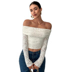 Damen Off-Shoulder Spitzenoberteil mit langem Arm und Rüschendetails R&B