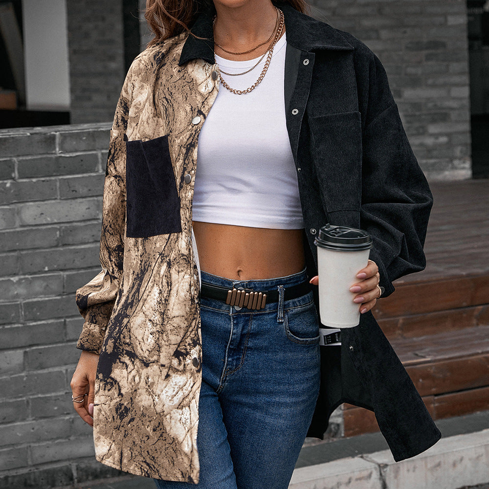 Damen Modische Jacke im Patchwork-Stil mit Druckknopfverschluss und Baumwollmaterial R&B