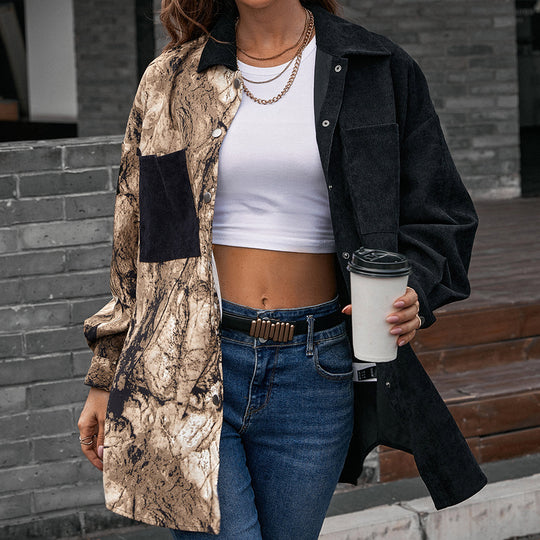 Damen Modische Jacke im Patchwork-Stil mit Druckknopfverschluss und Baumwollmaterial R&B
