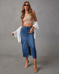 Damen Jeansrock im modernen Midi-Stil mit seitlichem Schlitz und hochgezogenem Saum R&B