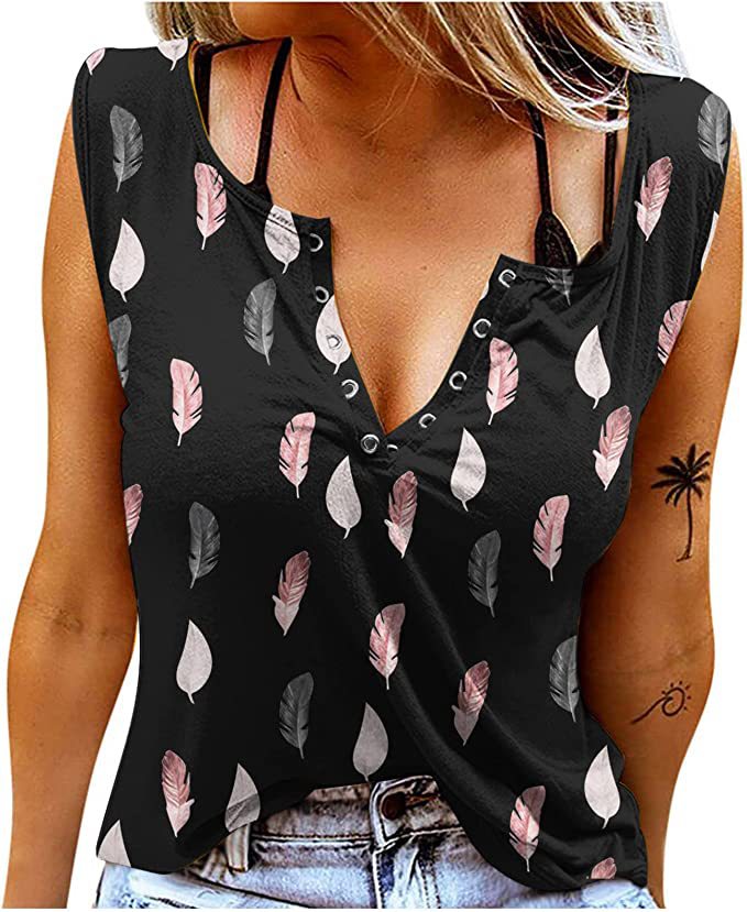 Damen Knopfleisten T-Shirt mit Federmuster R&B