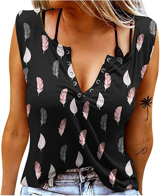 Damen Knopfleisten T-Shirt mit Federmuster R&B