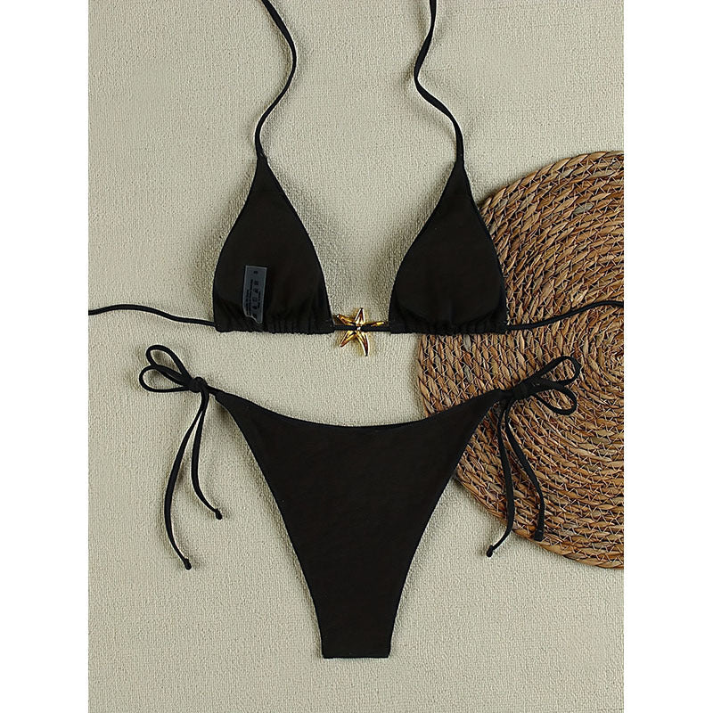 Damen Triangel-Bikini mit goldenen Akzenten und verstellbaren Trägern R&B