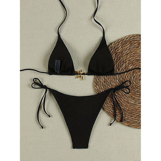 Damen Triangel-Bikini mit goldenen Akzenten und verstellbaren Trägern R&B