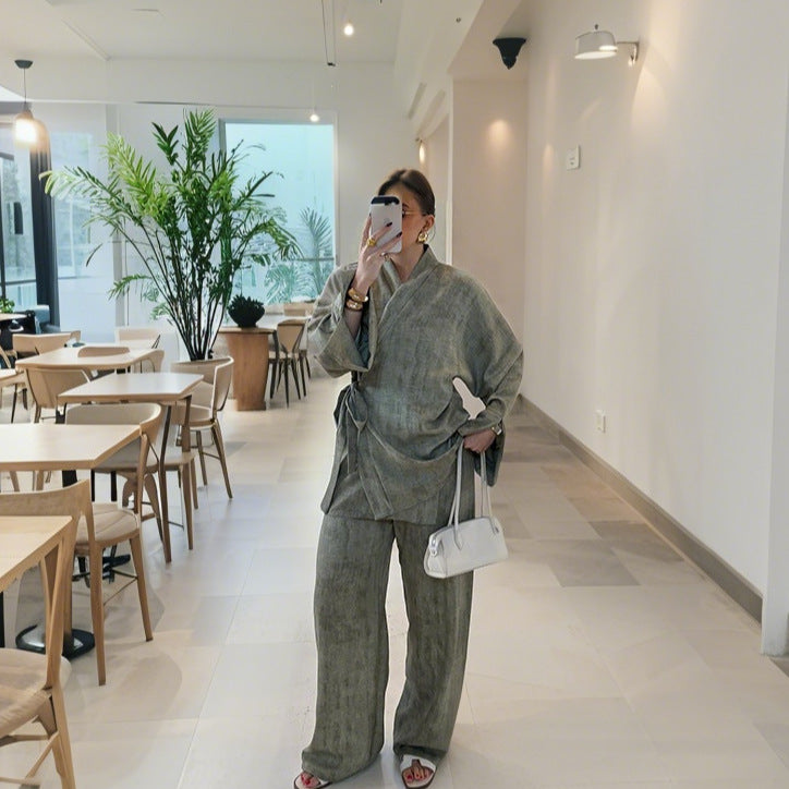Damen lässiger Kimono-Hosenanzug mit Bindegürtel R&B