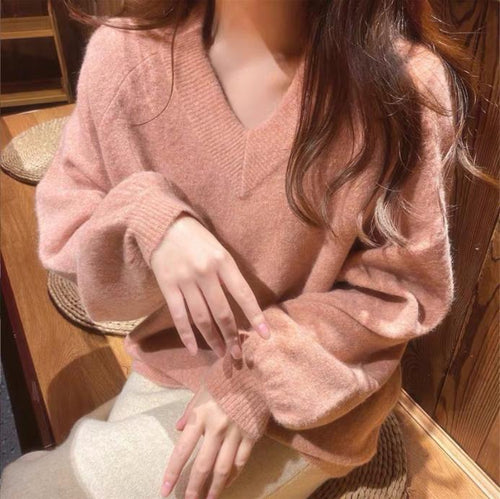 Damen Grobstrickpullover mit tiefem V-Ausschnitt und voluminösen Ärmeln R&B