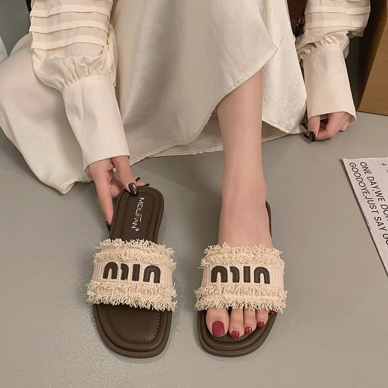 Damen bequeme Slide-Sandalen mit modischem Textiloberteil und stylischen Riemen EB