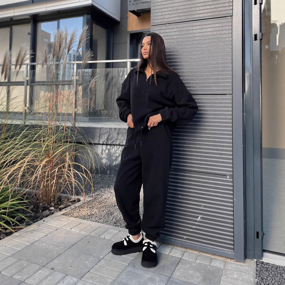 Damen gemütlicher Fleece-Jogginganzug mit hohem Kragen und Kängurutaschen