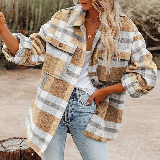 Damen Karierte Flanelljacke mit Lässigem Schnitt und Aufgesetzten Taschen R&B