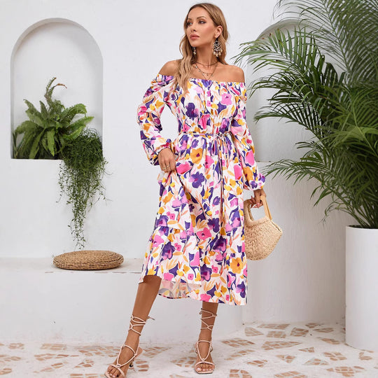 Damen Maxikleid mit floralem Design und elastischem Taillengürtel R&B