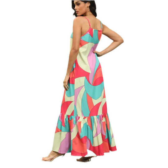 Damen Maxikleid mit farbenfrohem Mustermix und voluminösem Rock R&B