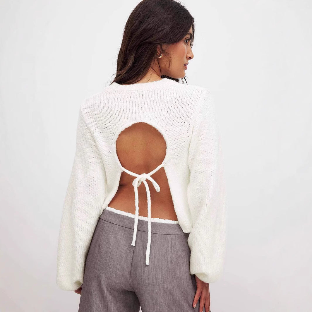 Damen Strickpullover mit offenem Rückendesign und eleganter Schnürung R&B