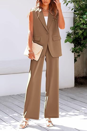 Damen ärmelloses Blazer-Set mit weit geschnittenen Hosen R&B