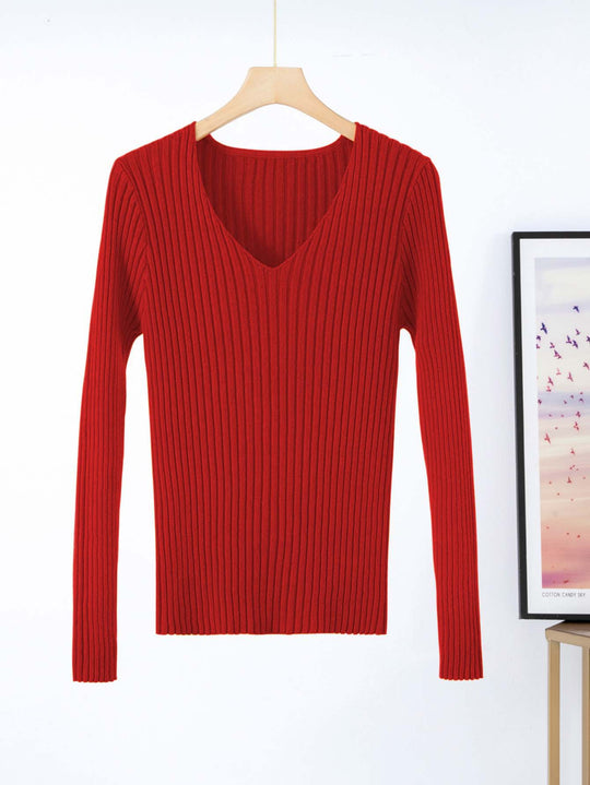 Damen Feinstrickpullover mit V-Ausschnitt und Rippenstruktur R&B