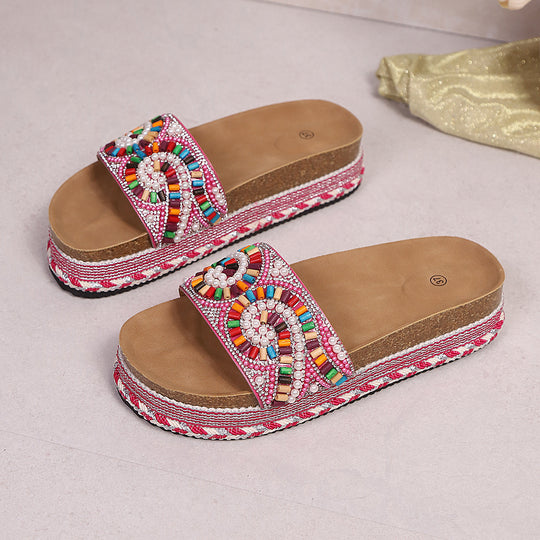 Damen Plateausandalen mit bunten Perlenverzierungen und komfortablem Fußbett R&B