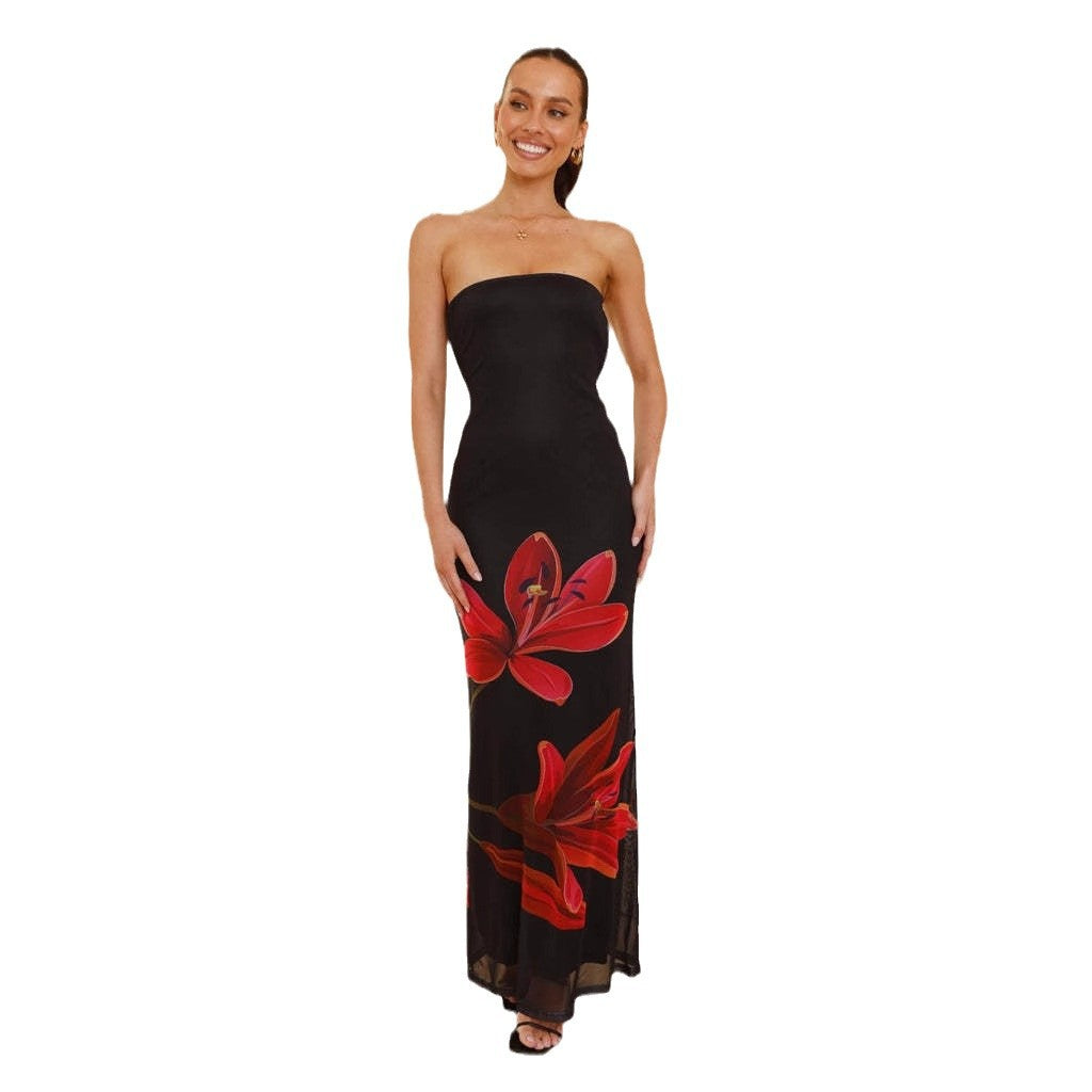Damen Maxikleid mit schicker Blumendekoration und strapless Design R&B