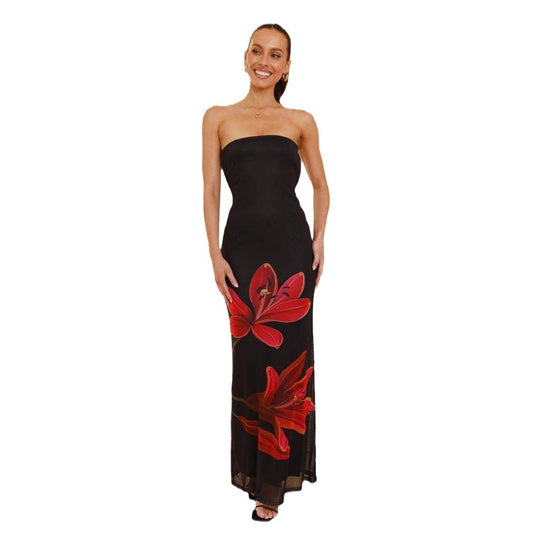 Damen Maxikleid mit schicker Blumendekoration und strapless Design R&B