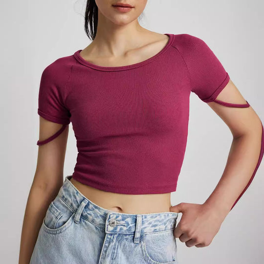Damen kurzärmliges enganliegendes Crop-Top mit Rundhalsausschnitt R&B