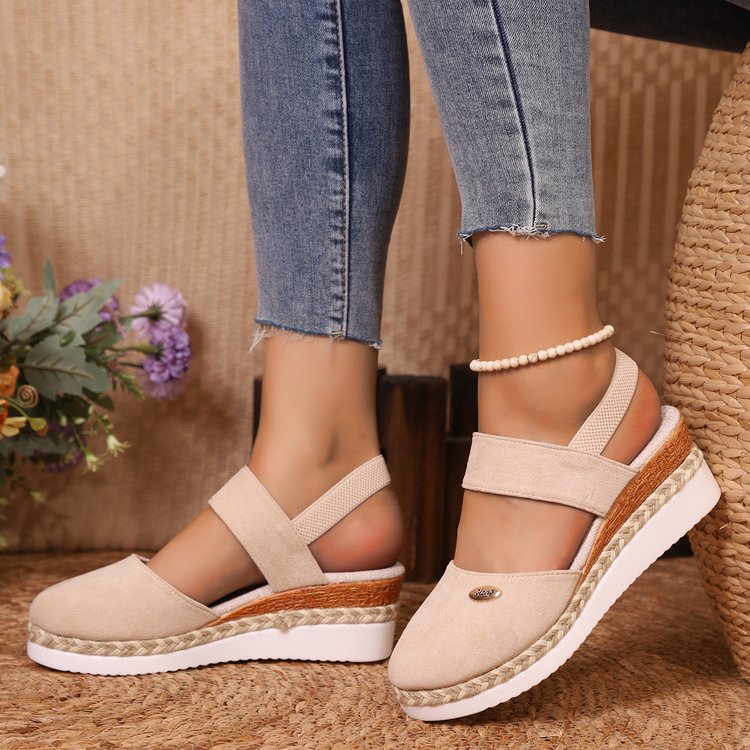 Damen Bequeme Espadrilles mit elastischen Riemen und dekorativem Bastbesatz EB
