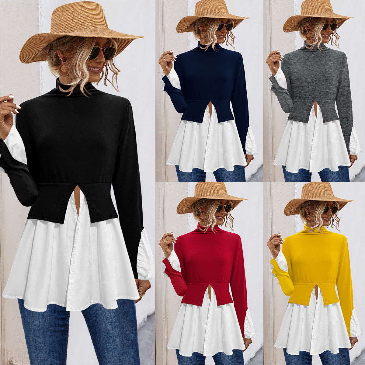 Damen Modisches Hemdblusenshirt mit hohem Kragen und asymmetrischem Schnitt R&B
