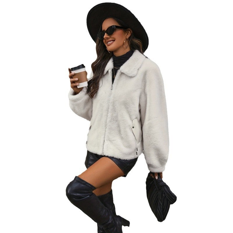 Damen Trendige Kunstpelzjacke mit weit geschnittenen Ärmeln R&B