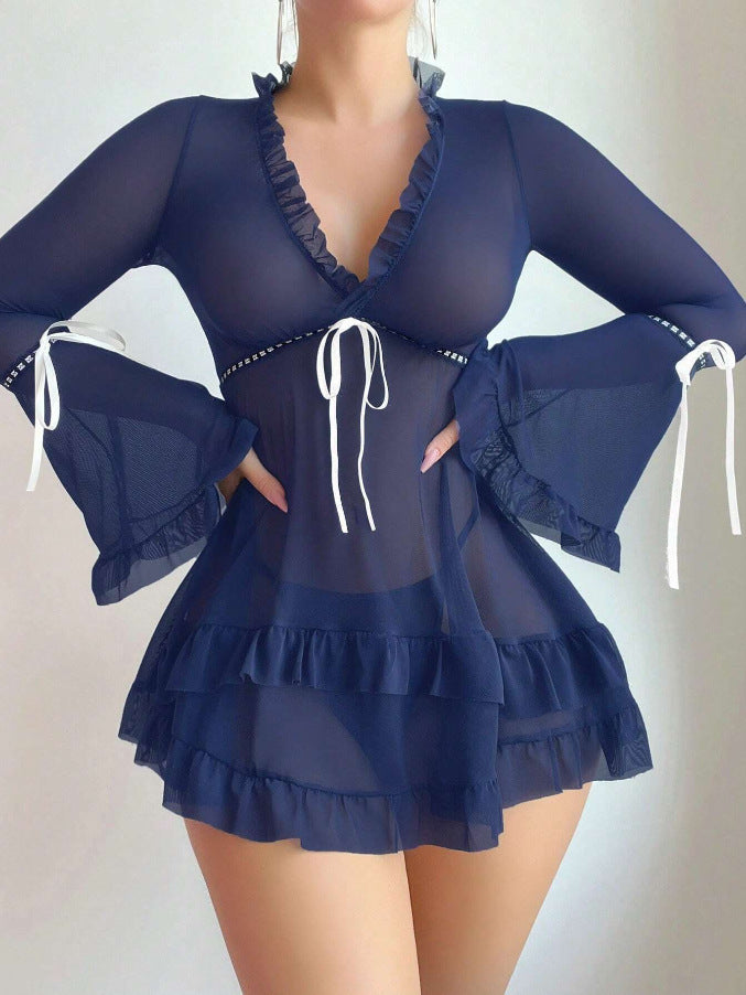 Damen transparentes Strandkleid mit voluminösen Rüschen und langen Ärmeln R&B