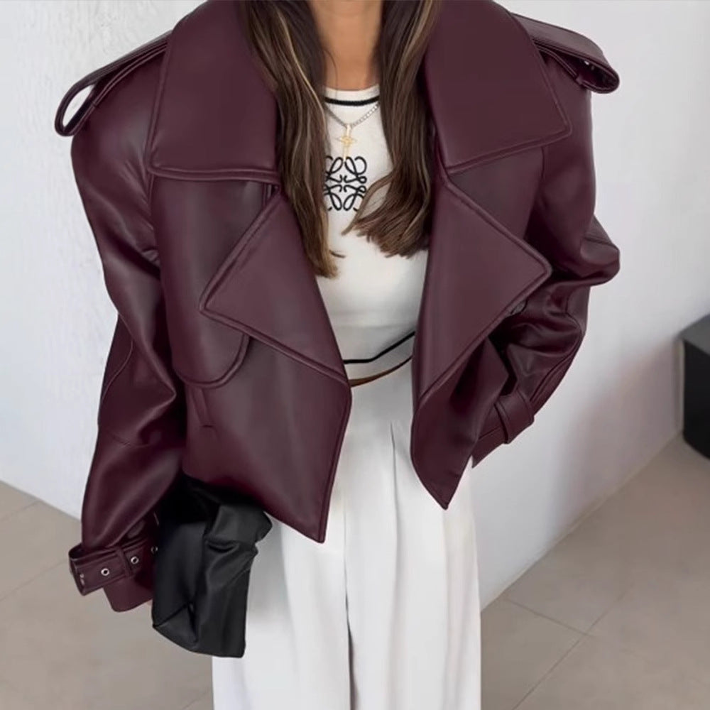 Damen modische Kunstlederjacke mit oversized Schnitt und breitem Kragen R&B