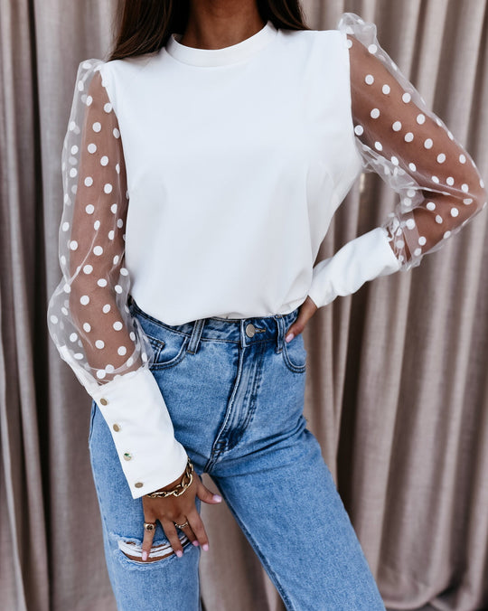 Damen Elegante Bluse mit transparenten Puffärmeln und Punkten R&B