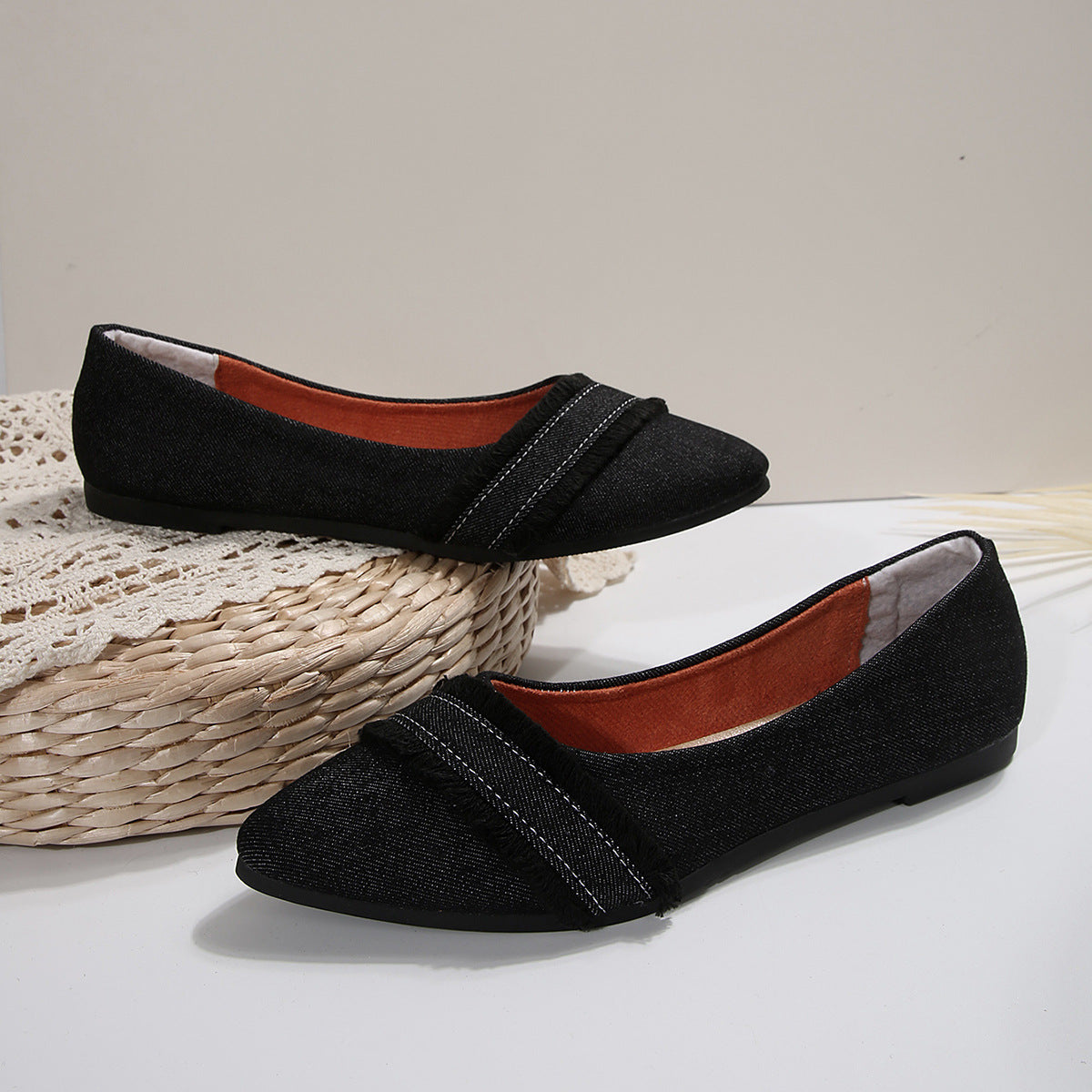 Damen elegante Ballerinas aus Denim mit Fransendetail R&B