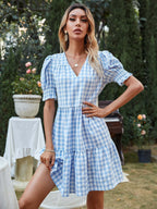 Damen Gingham-Kleid mit Volant und Puffärmeln R&B