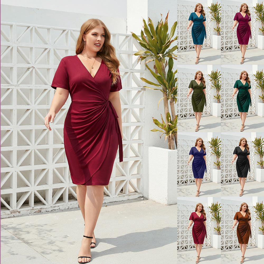 Damen Figurbetontes Wickelkleid mit kurzen Ärmeln und V-Ausschnitt R&B