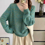 Damen leichter Strickpullover mit V-Ausschnitt und voluminösen Ärmeln R&B