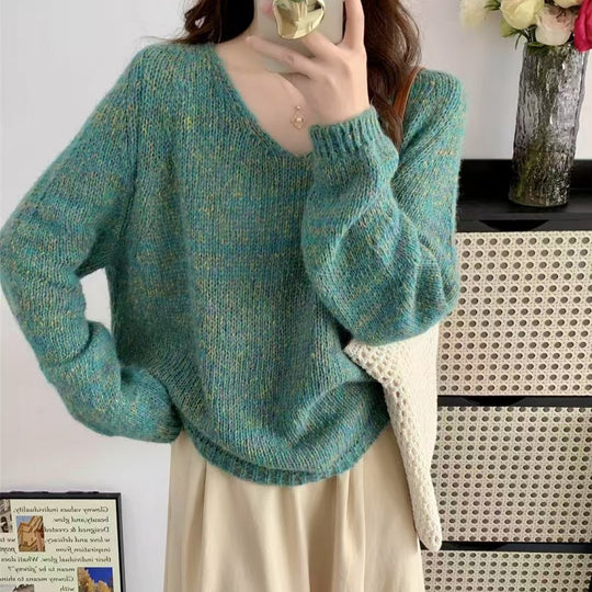 Damen leichter Strickpullover mit V-Ausschnitt und voluminösen Ärmeln R&B