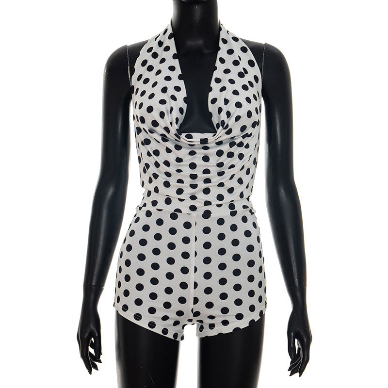 Damen Eleganter Playsuit mit tiefem V-Ausschnitt und modernem Punkte-Muster R&B