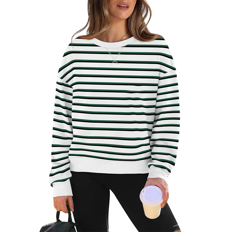 Damen lässiger Sweatshirt mit modernem Streifenmuster und Rundhalsausschnitt R&B