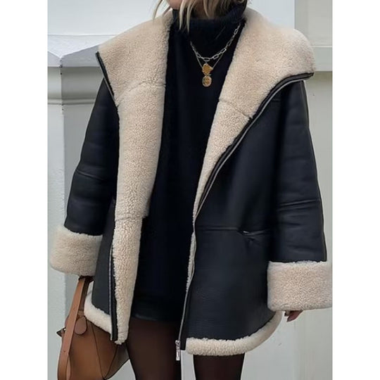Damen Kunstlederjacke mit gemütlichem Teddyfutter und praktischen Taschen R&B