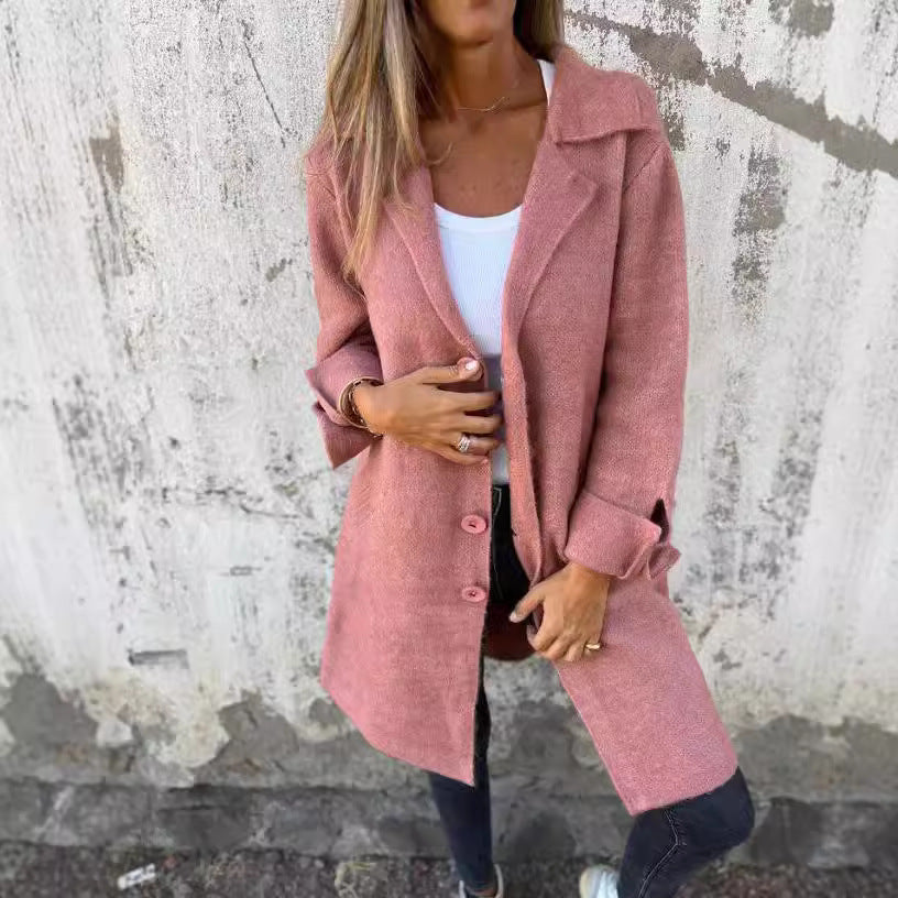 Damen Eleganter Oversize-Wollmantel mit Durchgehender Knopfleiste und Praktischen Taschen