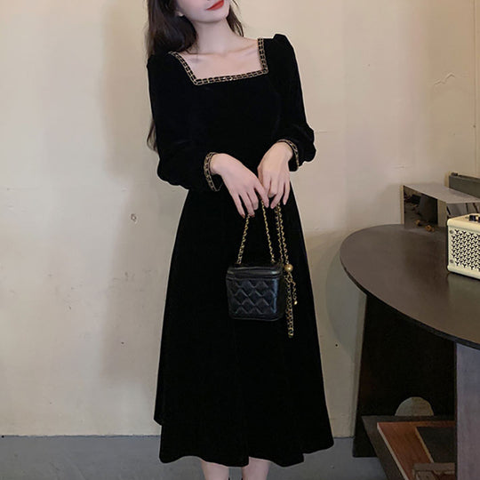 Damen elegantes Samt-Midi-Kleid mit quadratischem Ausschnitt und Puffärmeln