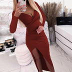 Damen elegantes Wickelkleid mit langen Ärmeln und Seitenschlitz R&B