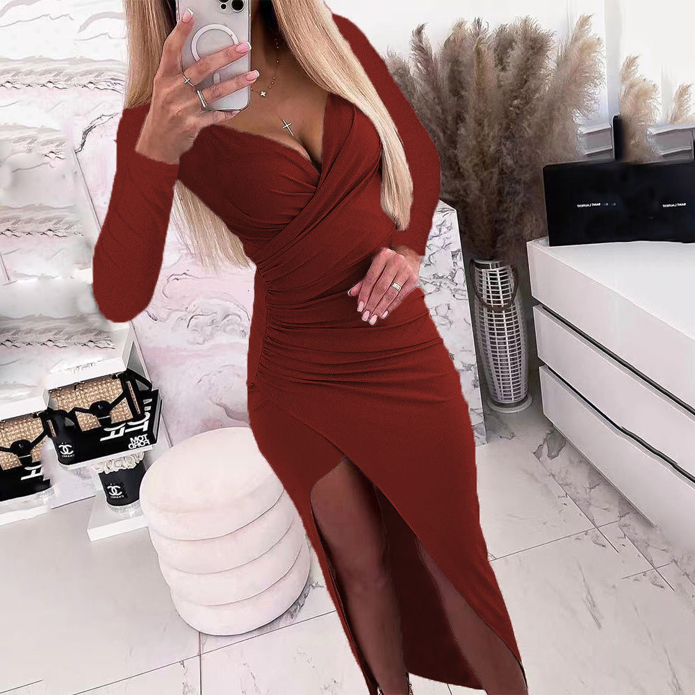 Damen elegantes Wickelkleid mit langen Ärmeln und Seitenschlitz R&B