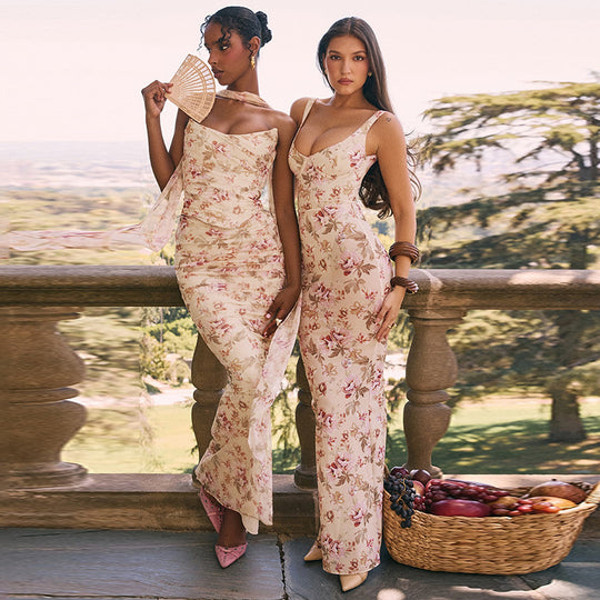Damen Figurbetontes Maxikleid mit floralem Design und raffinierten Trägern R&B