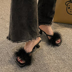 Damen Offene Mules mit dekorativem Plüschbesatz und elegantem Absatz R&B