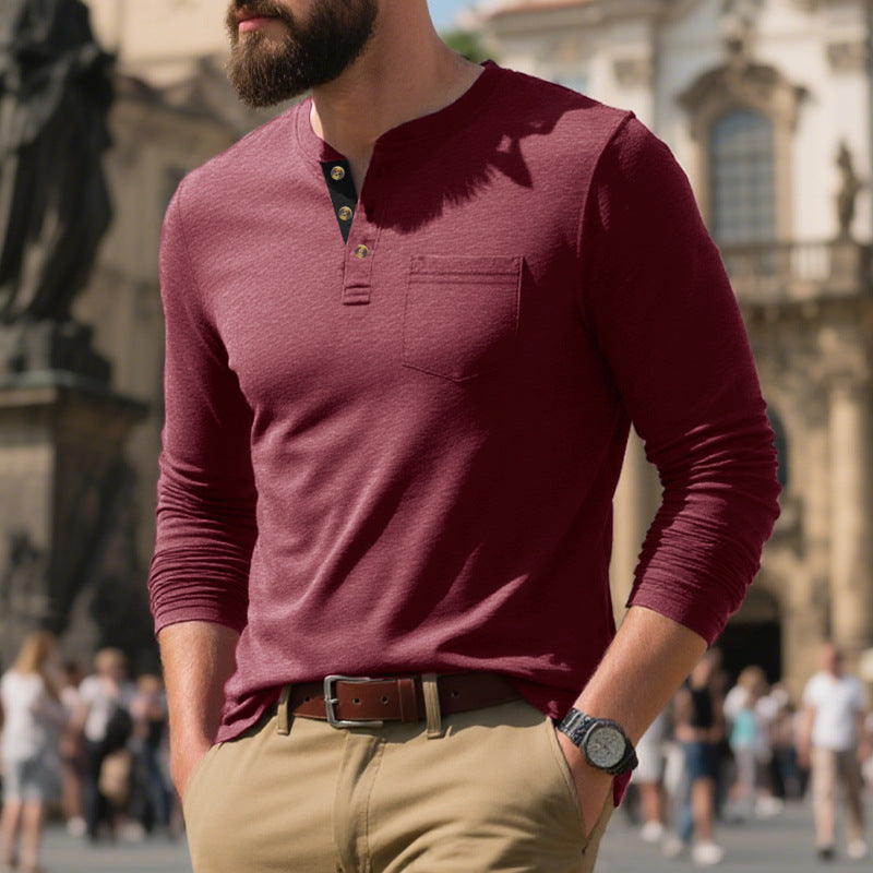 Herren Langarm-Henley-Shirt aus weichem Baumwollmix mit praktischer Brusttasche R&B