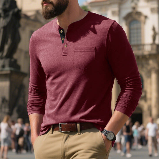 Herren Langarm-Henley-Shirt aus weichem Baumwollmix mit praktischer Brusttasche R&B