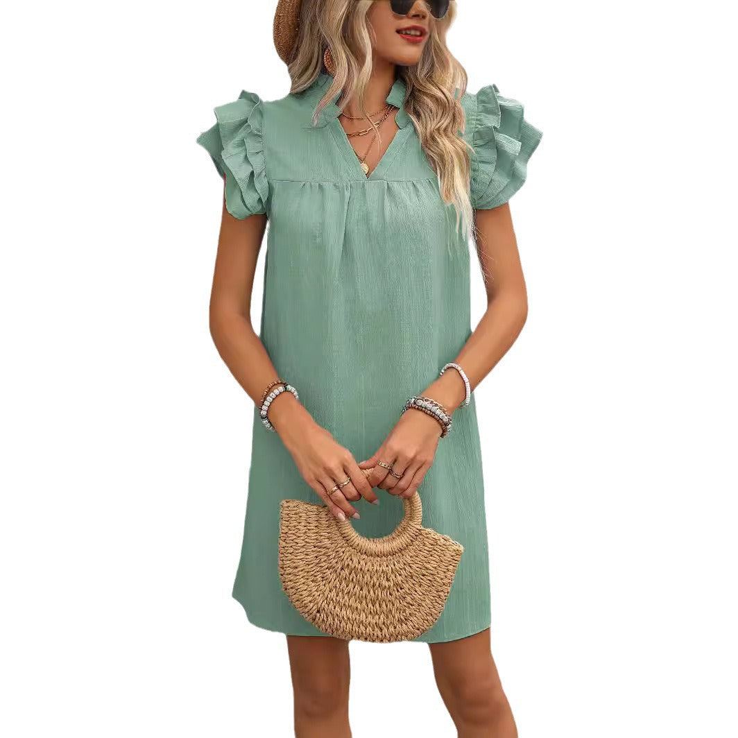 Damen elegantes Kurzarm-Kleid mit Rüschendetails und V-Ausschnitt R&B